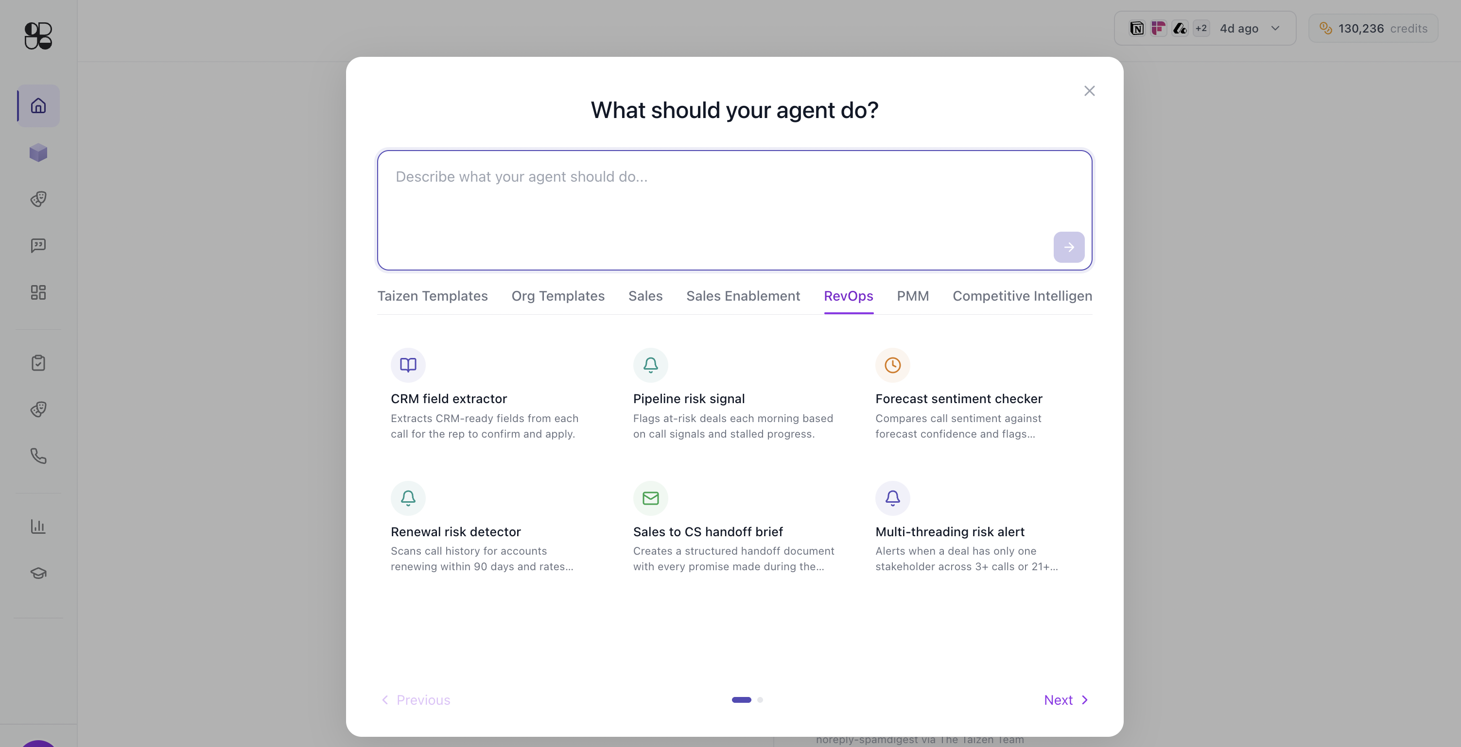 Template modal showing the Sales, Sales Enablement, RevOps, PMM, and Competitive Intelligence tabs