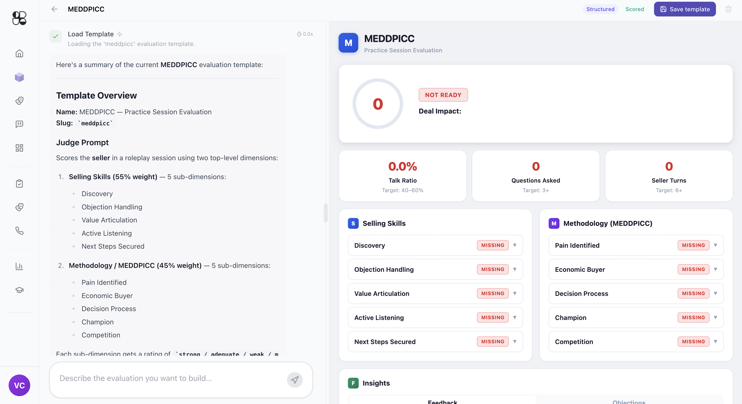 Scorecard builder with the MEDDPICC template loaded, showing its dimensions and weights beside a describe-your-evaluation prompt